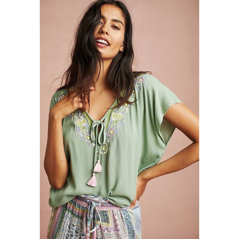Anthropologie Sequin Sea Foam Green Top